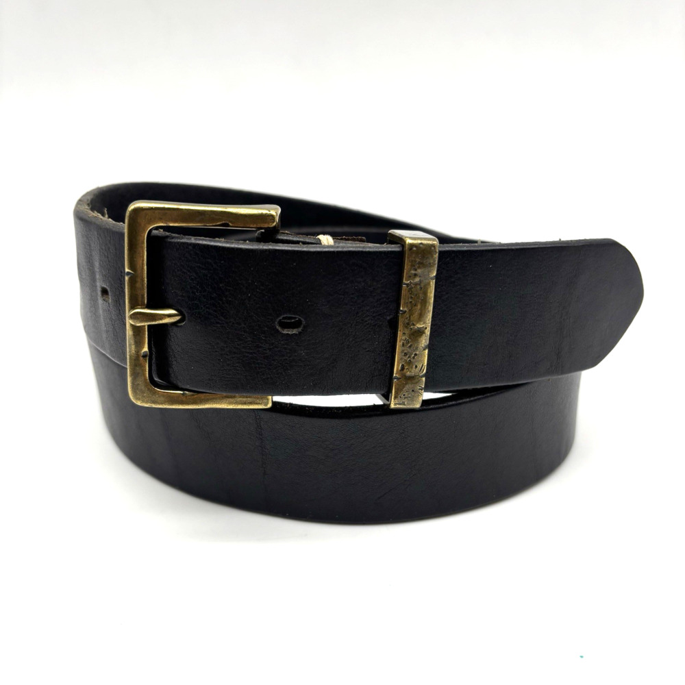 Vintage 90s Eddie Bauer Black Leather Rustic Brass Buckle Belt M 31-36" USA Made